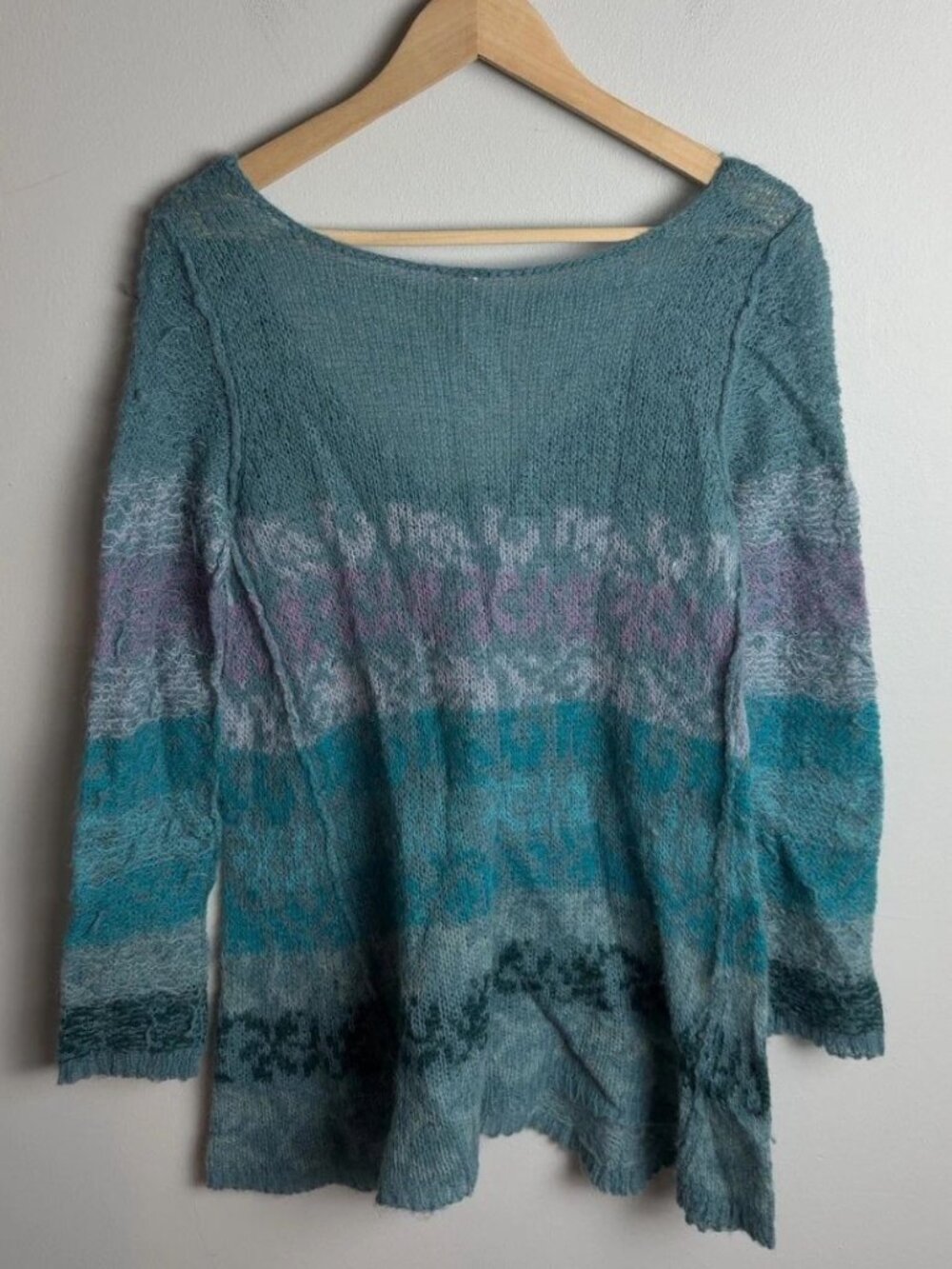 Free People Alpaca Wool Blend Striped Knit Sweater Teal Purple Boho Size Small - Picture 2 of 8